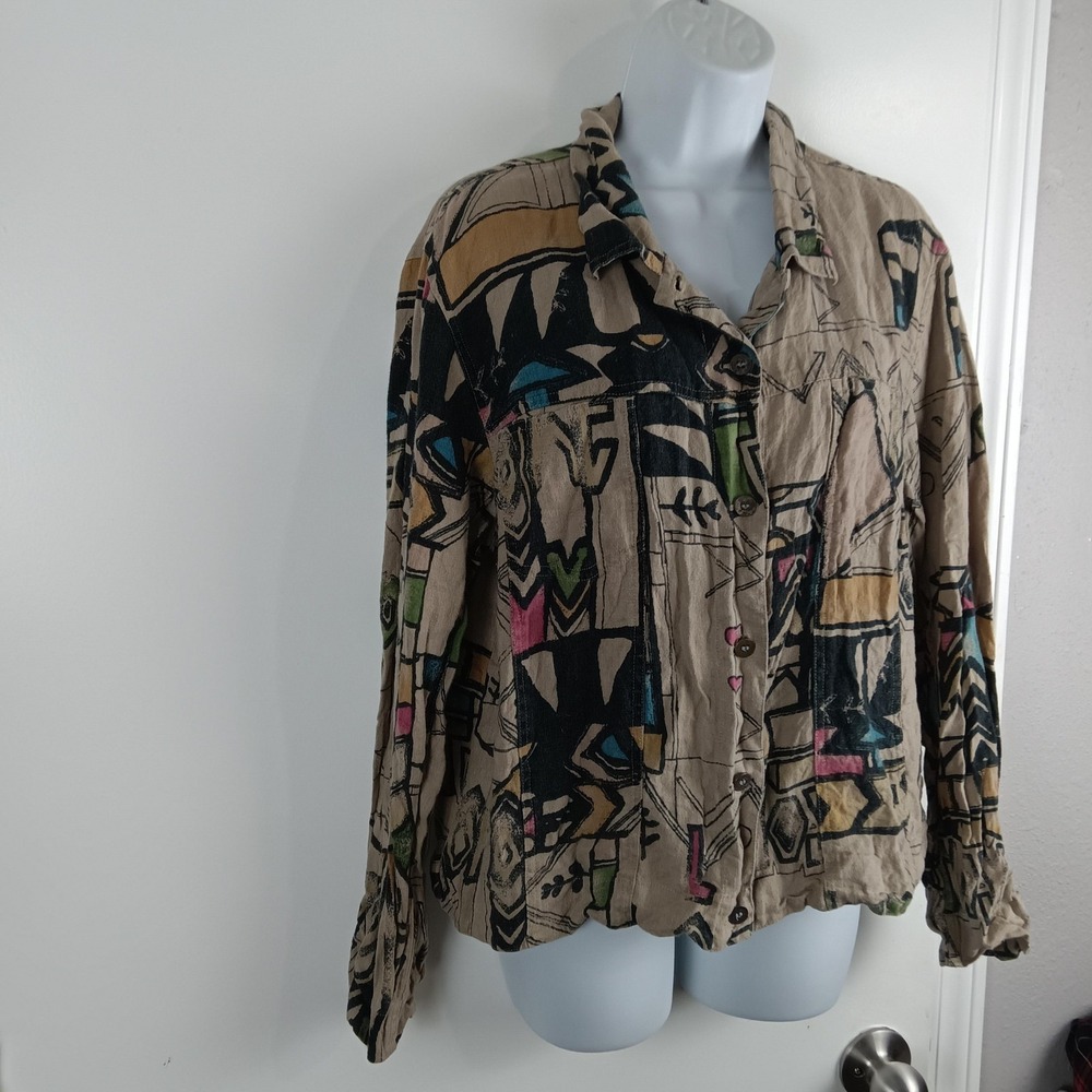 Chicos Jacket Womens 2 Multicolor Abstract Linen Button Up Artistic Print Happy